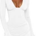 Women's Sexy V Neck Long Sleeve Mini Dress Ruched Waist A Line Club Party Short Dresses, Medium, White