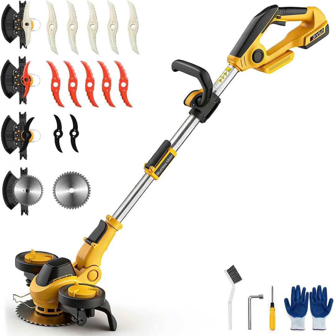 Weed Wacker Cordless Compatible with DEWALT 20V MAX Battery, Electric Weed Cordless Eater with 4 Types Blades, Brushless Grass Trimmer/Lawn Edger/Mower/Brush Cutter for Yard Garden(No Battery)