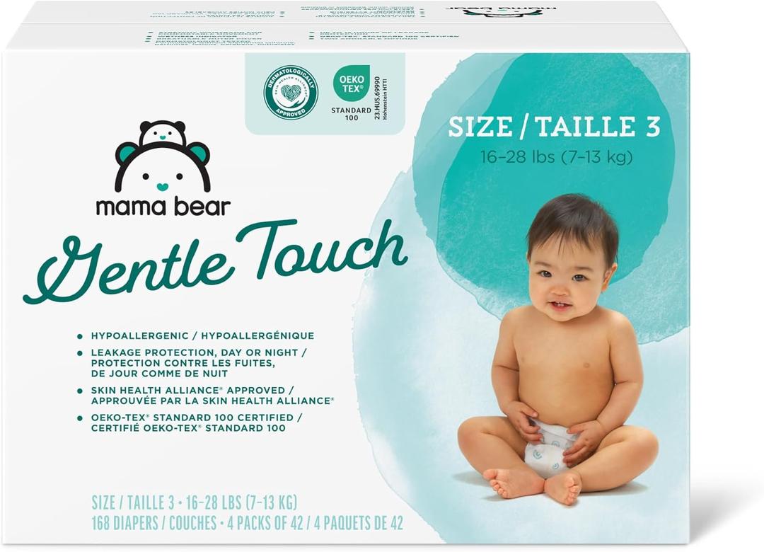 Amazon Brand - Mama Bear Gentle Touch Diapers, Hypoallergenic, Size 3, 168 Count (4 packs of 42), White (Size 3, 42 Count (Pack of 4))