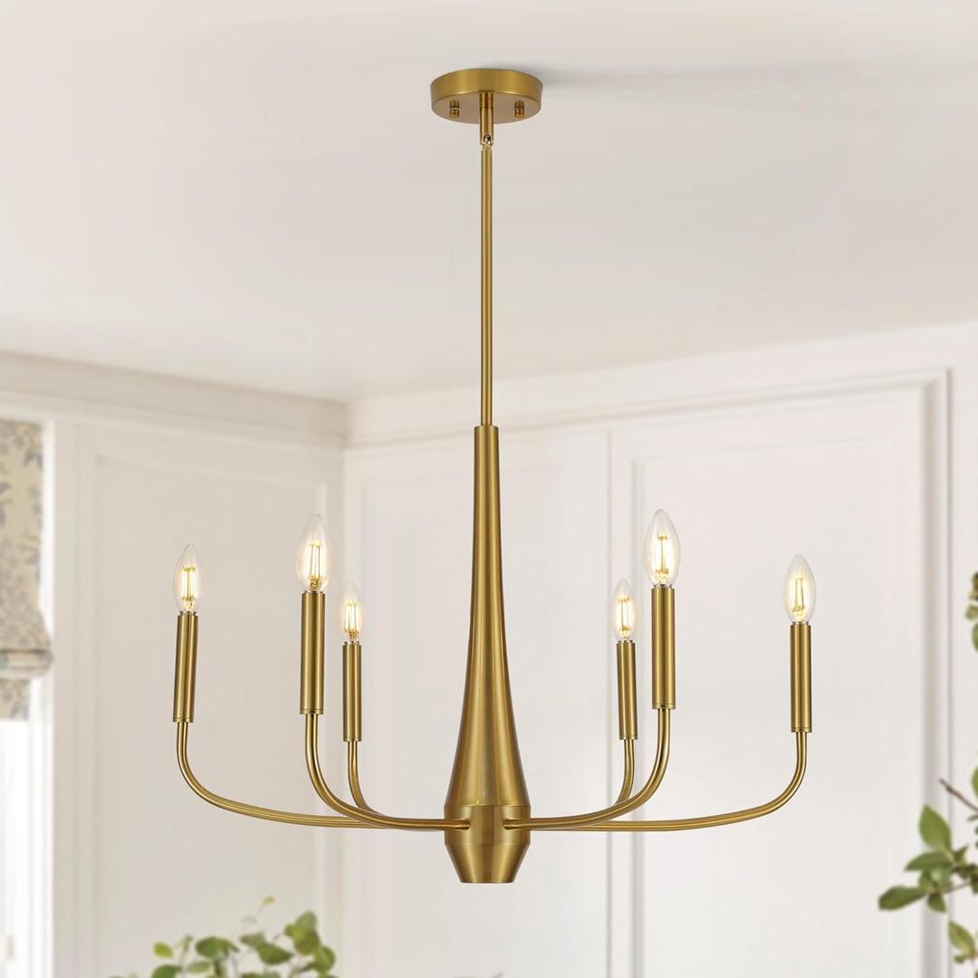 6-Light Gold Farmhouse Chandeliers, Modern Mid Century Candle Pendant Light, Rustic Industrial Metal Hanging Fixture for Dining Room, Kitchen, Bedroom, Living Room, Foyer