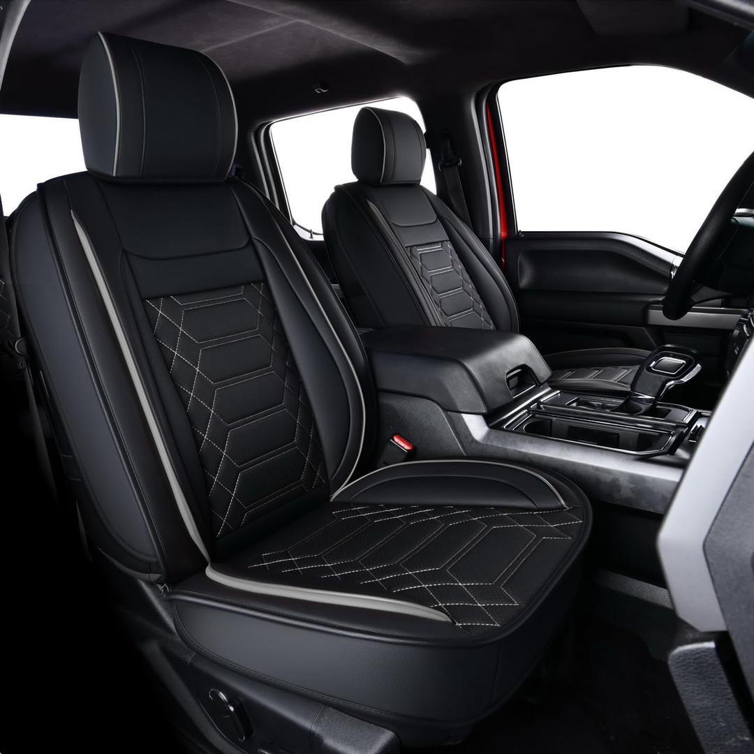 RISINGSTAR Ram Seat Covers, Faux Leather, fit for 2011-2026 Ram 1500 2500 3500 1500 Classic Crew Quad Mega Cab with Curved Rear Split Bench(Full Set, Black&Gray)