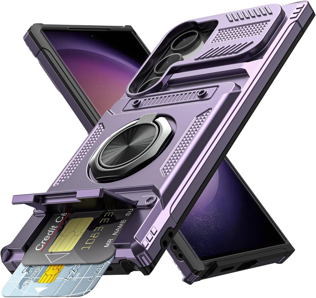 Vofolen for Samsung Galaxy S23 Ultra Case Wallet with Card Holder, Store 2 Cards + 360 Rotated Ring Kickstand Dual Layer Heavy Duty Shockproof Wallet Phone Case for Samsung S23 Ultra, Purple