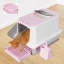 RIZZARI Enclosed Cat Litter Box: Large Top & Front Entry - High-Sided Anti-Scatter Design - Stainless Steel Odor Control - Easy Clean Teflon Non-Stick Coating- Pink Litter Pan - Entryway/Closet Nook