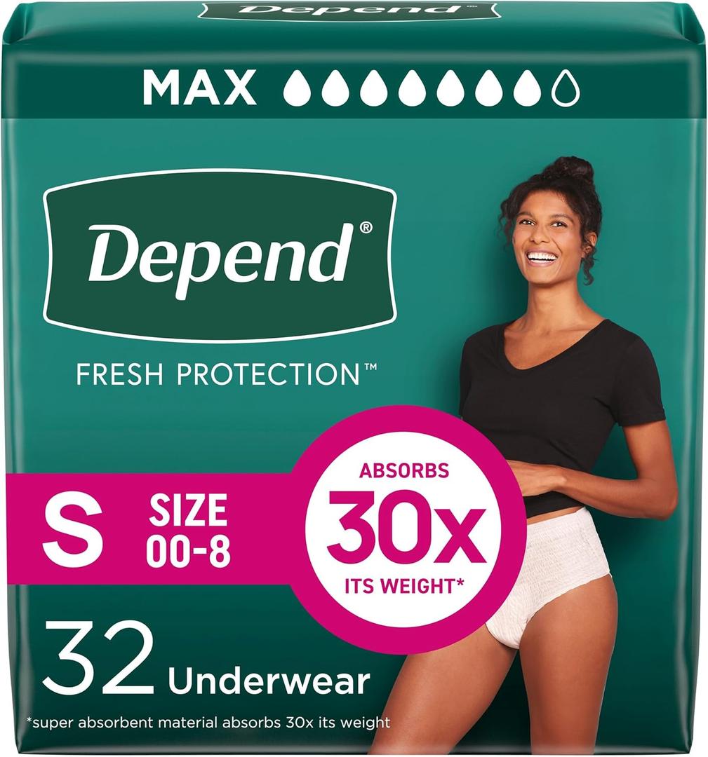Depend Fresh Protection Adult Diapers, Incontinence & Postpartum Bladder Leak Underwear for Women, Disposable, Maximum, Small, Blush, 32 Count, Size S