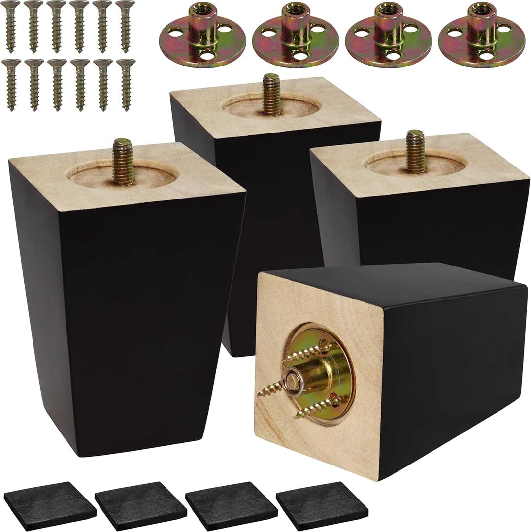 CODIN (5 Sizes: 3"-4"-5"-6"-8" Set of 4 Wood Furniture Legs - Square Sofa Legs, Couch Leg - Brown Mid-Century Modern Replacement Legs for Armchair Recliner Coffee Table Dresser (4")