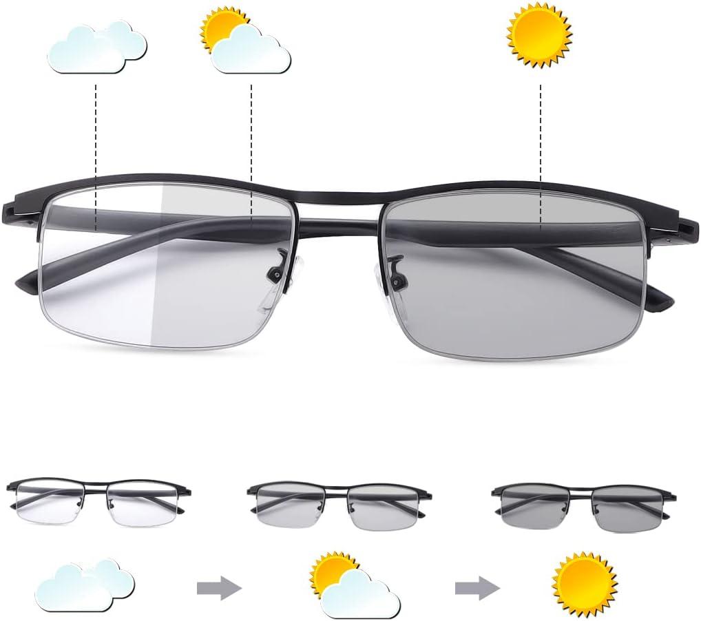 Photochromic Progressive Multifocus Reading Glasses Anti UV Sun Readers Blue Light Blocking Sunglasses for Men Women, Magnification Strength: 1.5 x