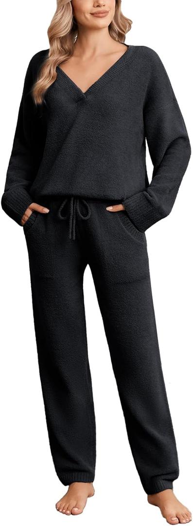 Snuggle Sac Fleece Pajama Sets for Women V Neck Ultra Soft Warm Long Sleeve Winter Pjs Fuzzy Lounge Sets 2 Piece Loungewear (Large, Black)