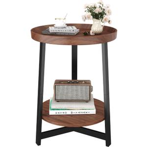 Industrial 2 Tier Round Side Table with Storage Shelf,Accent Tray End Table with Triangular Metal Support, Nightstand Bedside Sofa Table for Living Room, Bedroom, Balcony, Cherry, 15.75"D x 11.75"W x 23.03"H