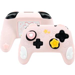 GeekShare Switch Pro Controller Skin Set,Anti-Slip Silicone Protective Cover Skin Case for Switch Pro Controller with 2 Thumb Grip Caps and 2 Stickers - Star Wings Series (Pink)