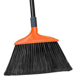 TreeLen Heavy Duty Outdoor Broom, Stiff Bristles for Garage, Driveway & Sidewalk  14.5 Wide, Ideal for Indoor/Outdoor Sweeping (Orange Long Handle Angle Broom)