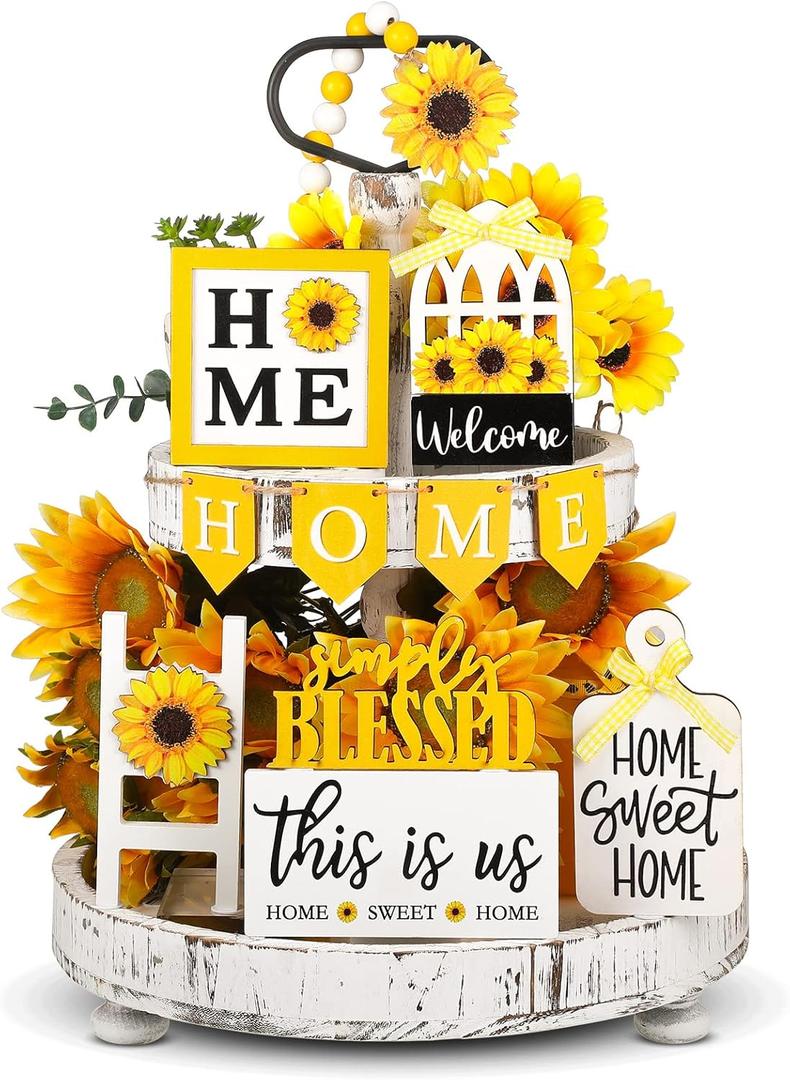 FairySandy 11 Pcs Sunflower Tiered Tray Decor Summer Rustic Home Farmhouse Tiered Tray Decorations Set Wooden Signs Vintage Farm Animal Farmhouse Tabletop Wood Signs for Kitchen Table Shelf Decor