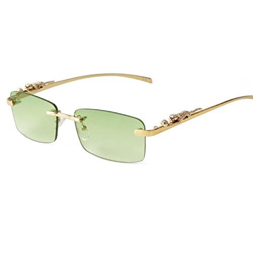 ADE WU Vintage Rimless Sunglasses Retro Rectangle Gold Metal Frameless Tint Lens 2000s Fashion Glasses (Green)