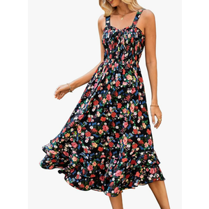GRACE KARIN Women's 2025 Summer Floral Boho Dress Square Neck Strapped Swing A Line Sundress Beach Long Maxi Outfits,  S