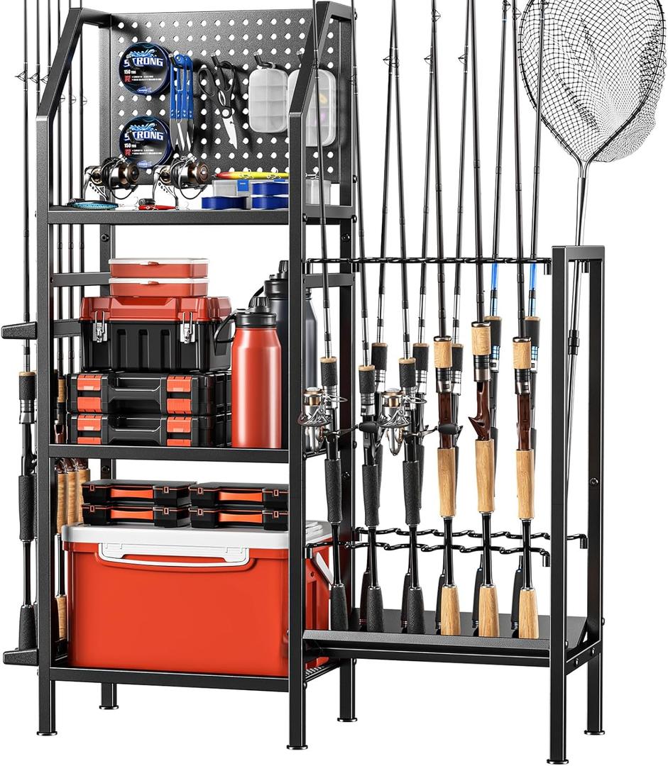 POKIPO Fishing Rod Holders for Garage,Fishing Rod Rack Storage up to 18 Rods,3 Tier Adjust Heavy Duty Metal Fish Pole Stand Organizer with Pegboard for Fishing Gear and Equipment Accessories