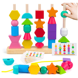 Montessori Wooden Beads Sequencing Toy Set, Stacking Blocks & Lacing Beads & Matching Shape Stacker for 2 3 4 5 Year Old STEM Preschool Learning Montessori Toys Gifts for Kids Boy Girl Toddler