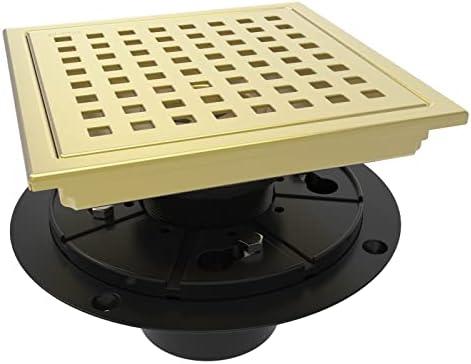 WEBANG 6" Square Shower Floor Drain with Flange,Quadrato Pattern Grate Removable,Food-Grade SUS 304 Stainless Steel,Watermark&CUPC Certified, Brushed Gold