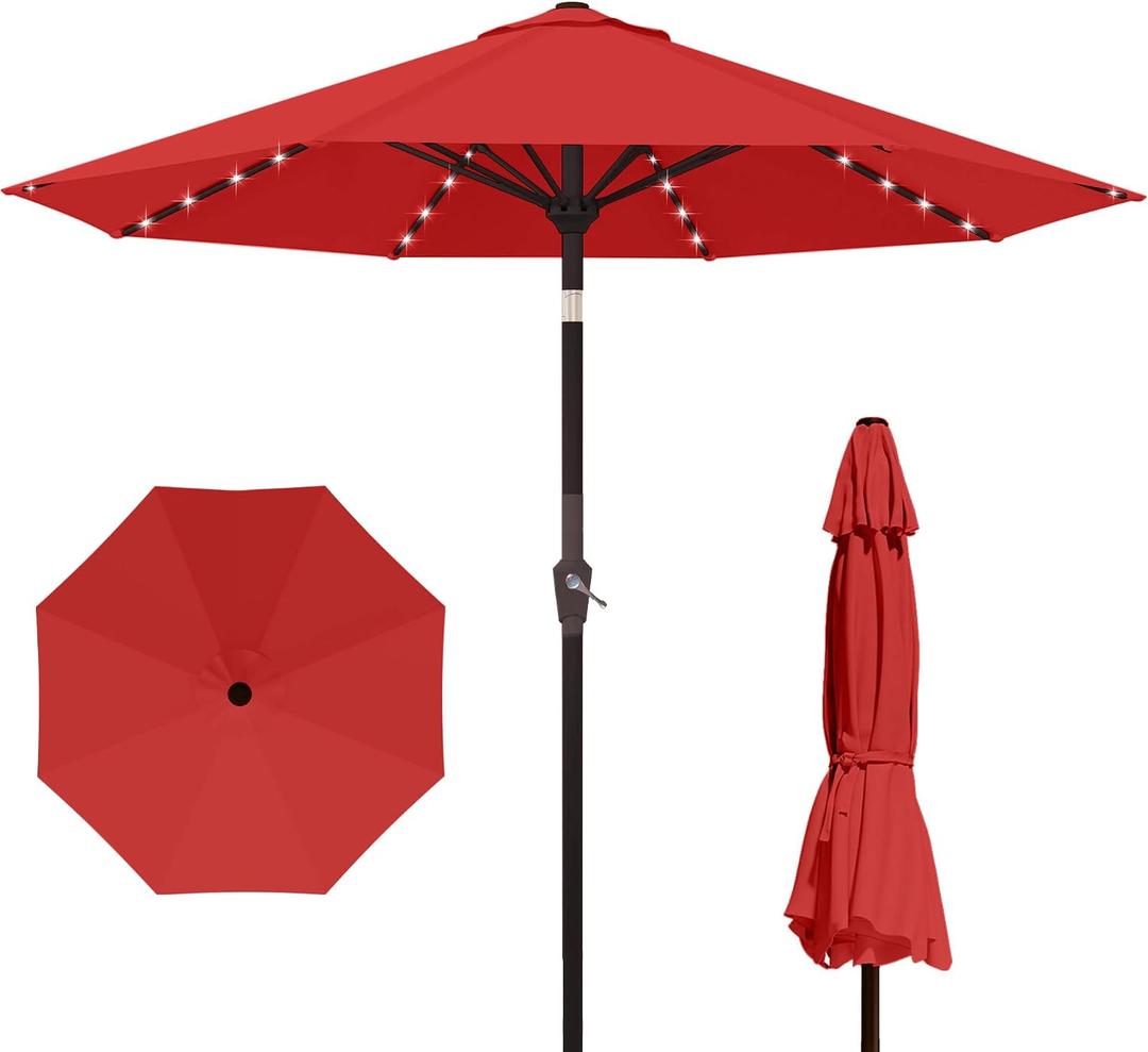 Kingdura 10FT Outdoor Patio Umbrella with Solar Lights, Market Table Umbrella with Push Button Tilt & Crank, 8 Sturdy Ribs, 32 LED Lights, UV Protection for Garden Lawn Deck Backyard Pool (Red)