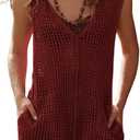 Women's Oversized Casual Romper One Piece Hollow Out V-Neck Sleeveless Shorts Beach Cover Ups (Red, XS)