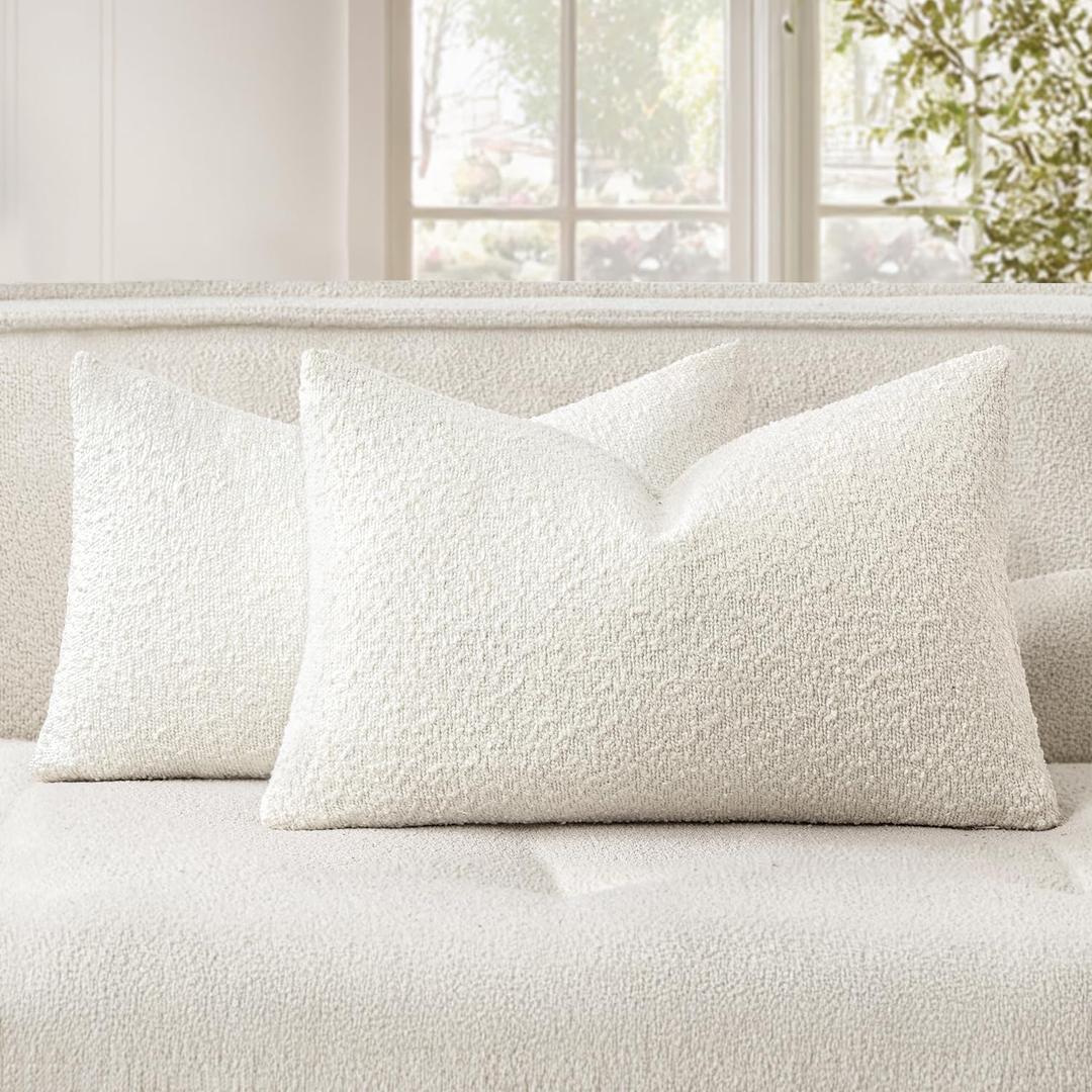 Woaboy Pack of 2 12x20 Inch Decorative Boucle Throw Pillow Covers Textured Lumbar Pillowcaes Accent Solid Cozy Soft Cushion Covers Home Decor for Bed Sofa Couch Living Room Chair,White