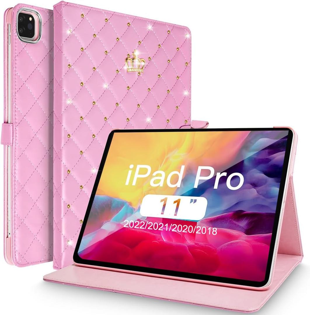 for iPad Pro 11 inch Case, Cute Crown Bling Diamond PU Leather Smart Auto Sleep/Wake Stand Shockproof Cover for iPad Pro 11 Inch (Pink)
