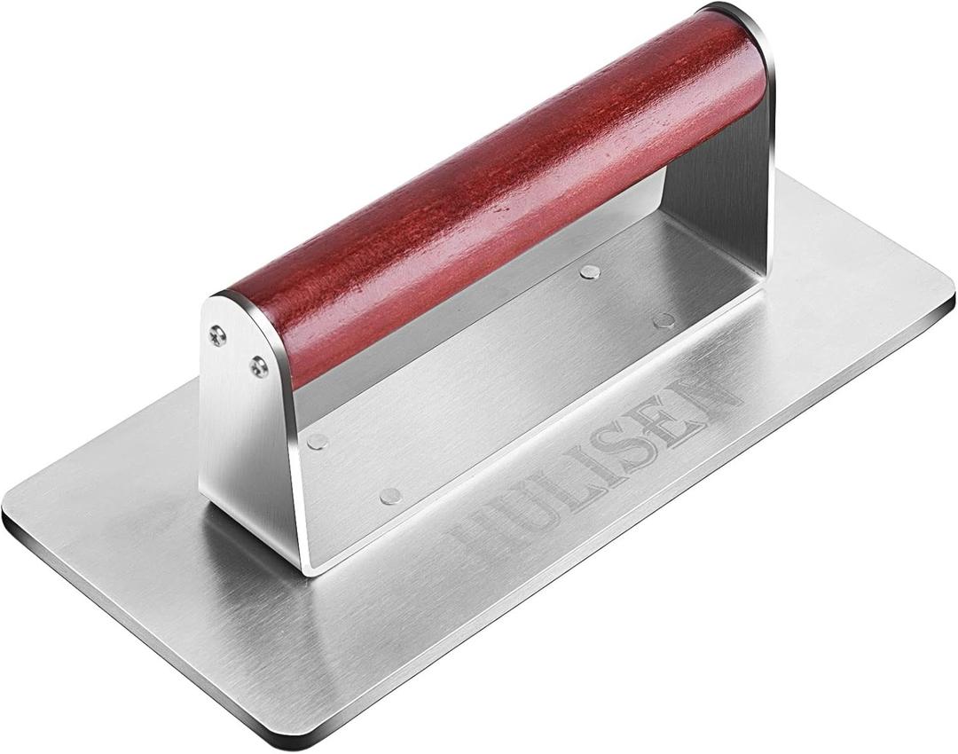 HULISEN Stainless Steel Bacon Press, 9 Inch Large Heavy Duty Burger Press with Wood Handle, Non-stick Grill Press for Griddle, Steak Weight Griddle BBQ Accessories for Panini, Sandwiches, Gift Package