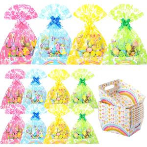 Gueevin 12 Sets Easter Empty Gift Baskets Bulk with Colorful Bunny Cellophane Bags & Ribbon Bows, DIY Basket to Fill for Egg, Candy, Treats, Birthday Party, 9.8 x 6.5 x 3.5 Inch