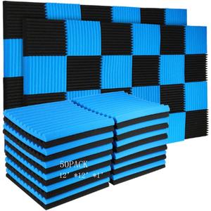 Burdurry 50 Pack Acoustic Panels Soundproof Studio Foam for Walls Sound Absorbing Panels Sound Insulation Panels Wedge for Home Studio Ceiling, 1" X 12" X 12" (Black&Blue)