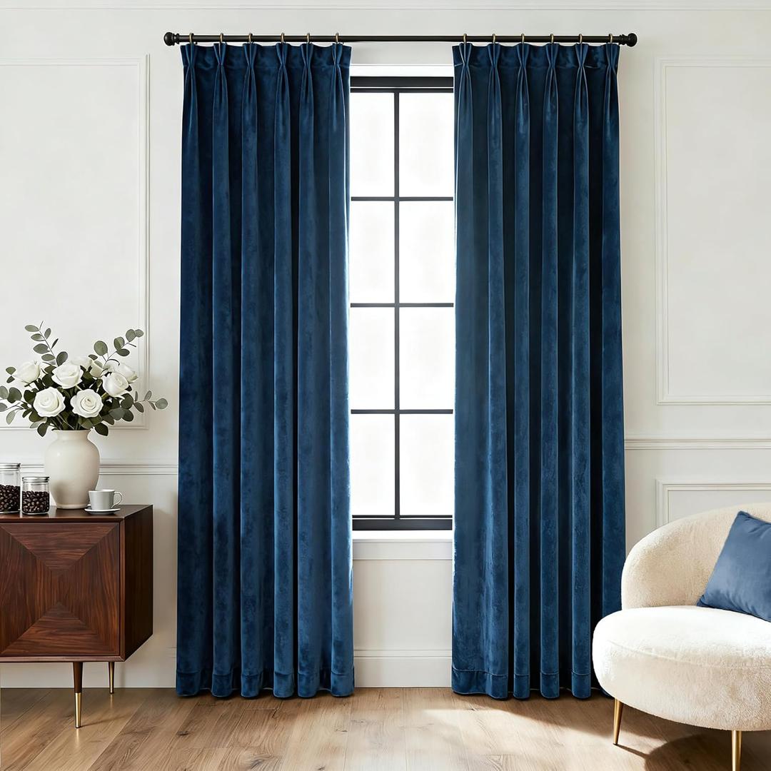 Triple Pinch Pleated Navy Blue Velvet Curtains 102 inch Long Living Room Sliding Door Thermal Insulated Blackout Velvet Drapes Modern Costal Luxury Light Block Long Window Curtain Bedroom Royal Blue