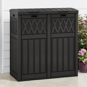 DWVO 66 Gallon Double-Bin Outdoor Trash Can, Waterproof Resin Garbage Can with Tiered Lid and Drip Tray for Patio, Kitchen, Deck, and Backyard - Black
