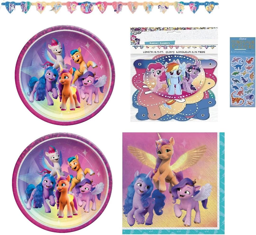 My Little Pony Birthday Party Supplies Bundle Pack for 16 includes 16 Plates, 16 Napkins, 1 Happy Birthday Banner, 1 Dinosaur Sticker Sheet