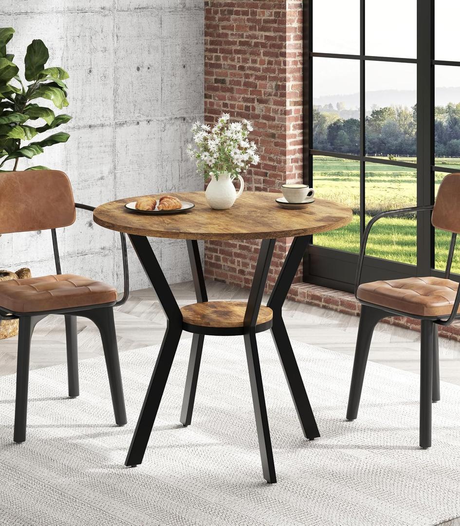 31.5" Round Kitchen Table for 2-4, Rustic Wood Circle Table with Storage | Small Round Dining Table,, Metal Legs, Compact Dining Room Table, Kitchen, Cafe, Apartment,Small Space