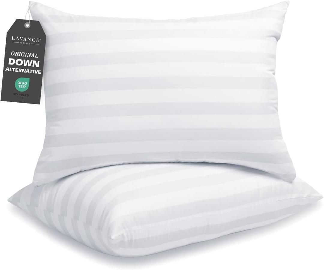 LAVANCE Pillows Queen Size Set of 2 Hotel Collection Pillows 3D Down Alternative Fiber Filling Soft Bed Pillows for Back, Stomach or Side Sleepers-1.2" White Striped, 20"x28"
