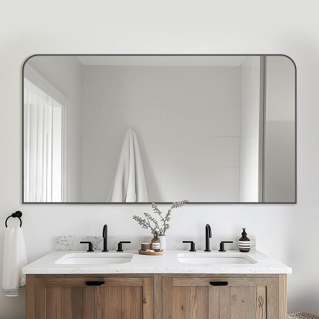 Bathroom Mirror, Wall Mirrors, Black Metal Framed Wall-Mounted Mirrors, Bathroom Vanity Mirror for Over Sink, Living Room, Bedroom, Entryway, 55x30 Inch, Black
