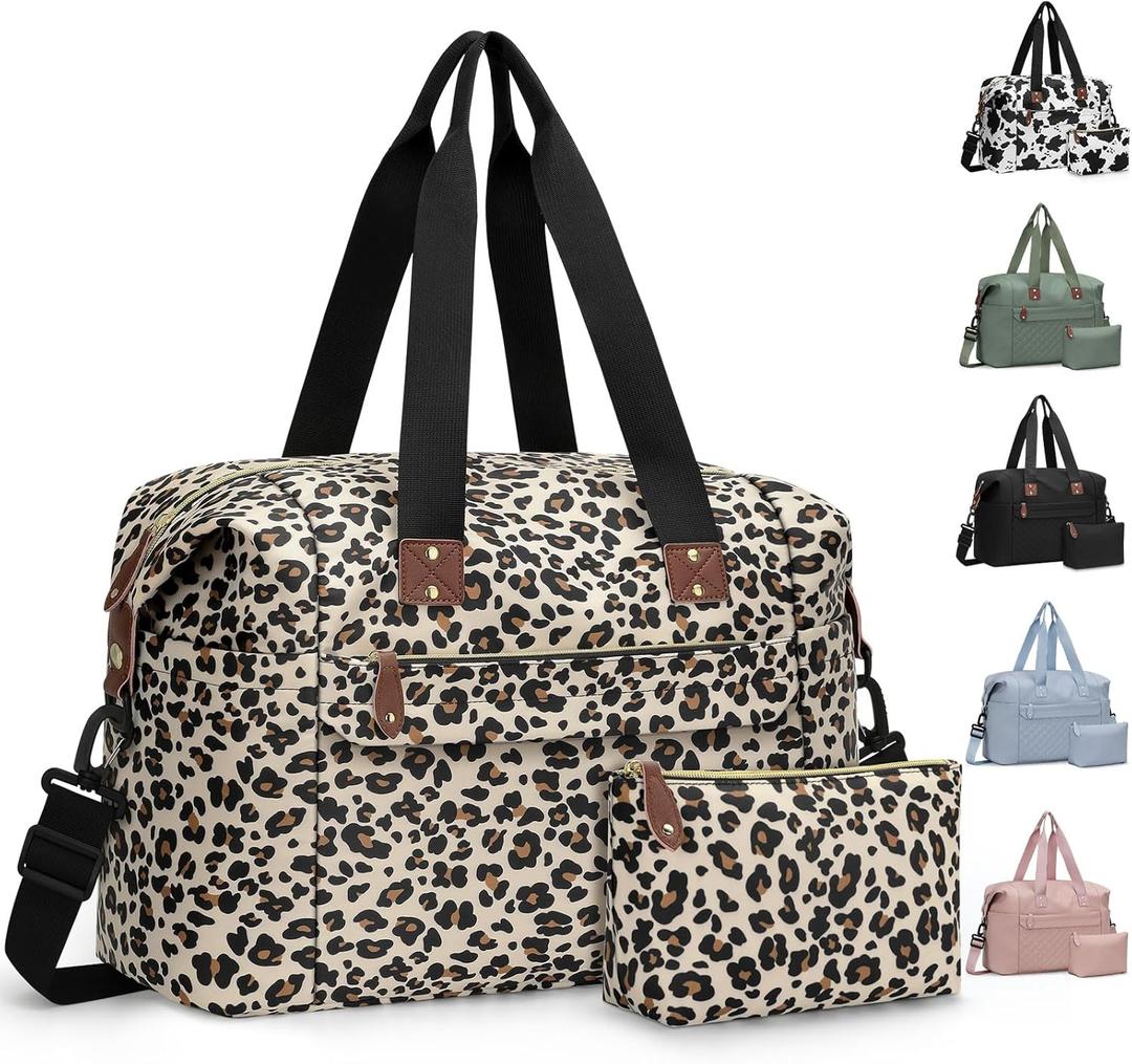 Travel Duffle Bag, Waterproof Weekender Overnight Hospital Bags for Women Men with Toiletry Bag Lightweight Carry on Personal Item Duffle Gym Bag for Travel, Airplanes, Sports (Medium, Leopard)