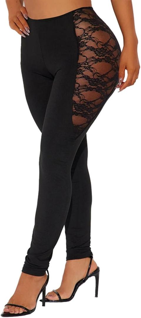 Atyfuniby Women's Leggings High Waisted - Sexy Skinny Mesh See Through Pants Party Clubwear (Medium, Lace Black)
