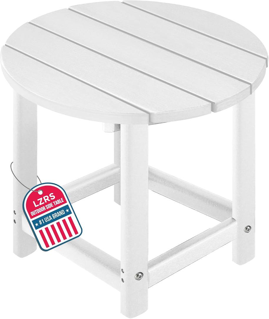 LZRS Round Adirondack Patio Side Table End Table, Outdoor Side Tables for Patio, Backyard,Pool, Indoor Companion, Easy Maintenance & Weather Resistant White, e:Round Table
