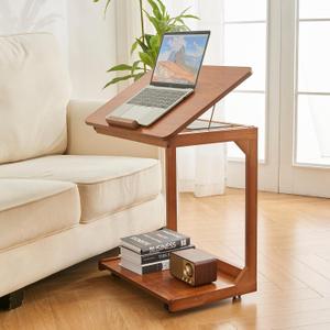 Uniclinens C-Shaped End Table with Wheels, Solid Wood Adjustable C Side Table for Sofa, Bedside Table with Lockable Casters, Wooden Nightstand for Living Room Bedroom, Teak Tone (15.7"D x 23.6"W x 24.8"H)