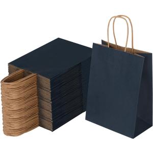 Joybe 100 Pack 5.95x3.25x8 Inch Small Navy Blue Paper Bags with Handles Bulk, Kraft Paper Gift Bags for Birthday Party Favors Grocery Retail Shopping Business Goody Merchandise Craft Blank Sacks