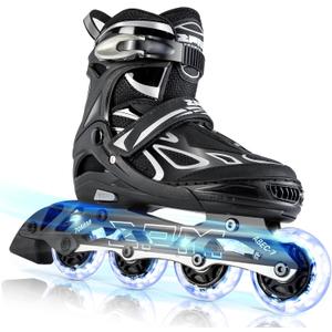 2PM SPORTS Vinal Girls Adjustable Flashing Inline Skates, All Wheels Light Up, Fun Illuminating Skates for Kids and Men - Silver, L