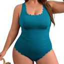 Charmo Plus Size Swimsuit for Women 2026 Tummy Control Scalloped Ribbed One Piece Swimsuits Ruched Modest Bathing Suit (2X, Teal)