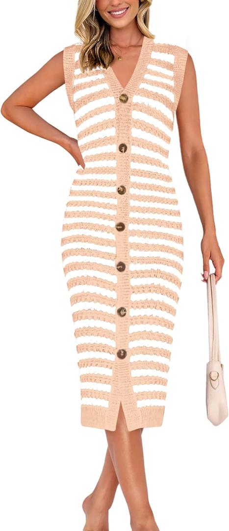 BTFBM Casual Women Spring Dresses 2025 Sleeveless Striped Midi Button Down Dress Ribbed Knit Cardigan Cover Up Dress (Orange, S)