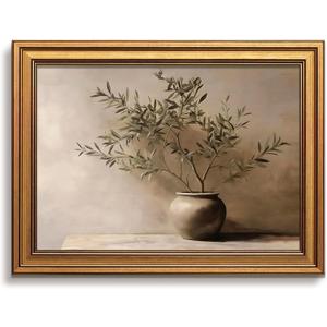 Vintage Botanical Wall Art, Gold Framed Olive Tree Paintings Wall Decor, Modern Farmhouse Still Life Canvas Prints, Plant Antique Pictures, Organic Modern Artwork for Living Room Bathroom 16x24 Inch