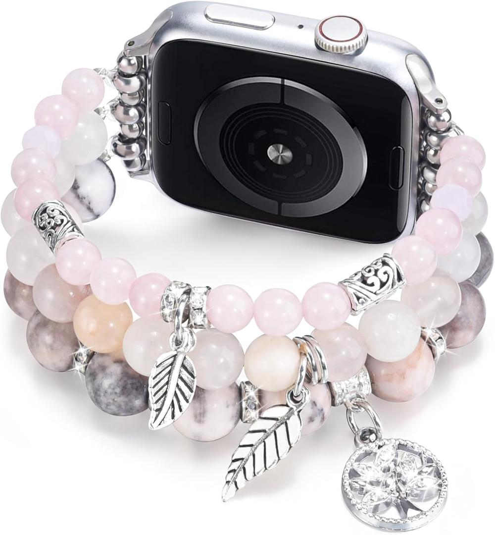 MOFREE Beaded Bracelet Compatible with Apple Watch Band 38mm 40mm 41mm Women, Fashion Handmade Crystal Stone Beads Elastic Stretchy Strap for iWatch Band Series SE 9 8 7 6 5 4 3 2 1 (Peach pink)