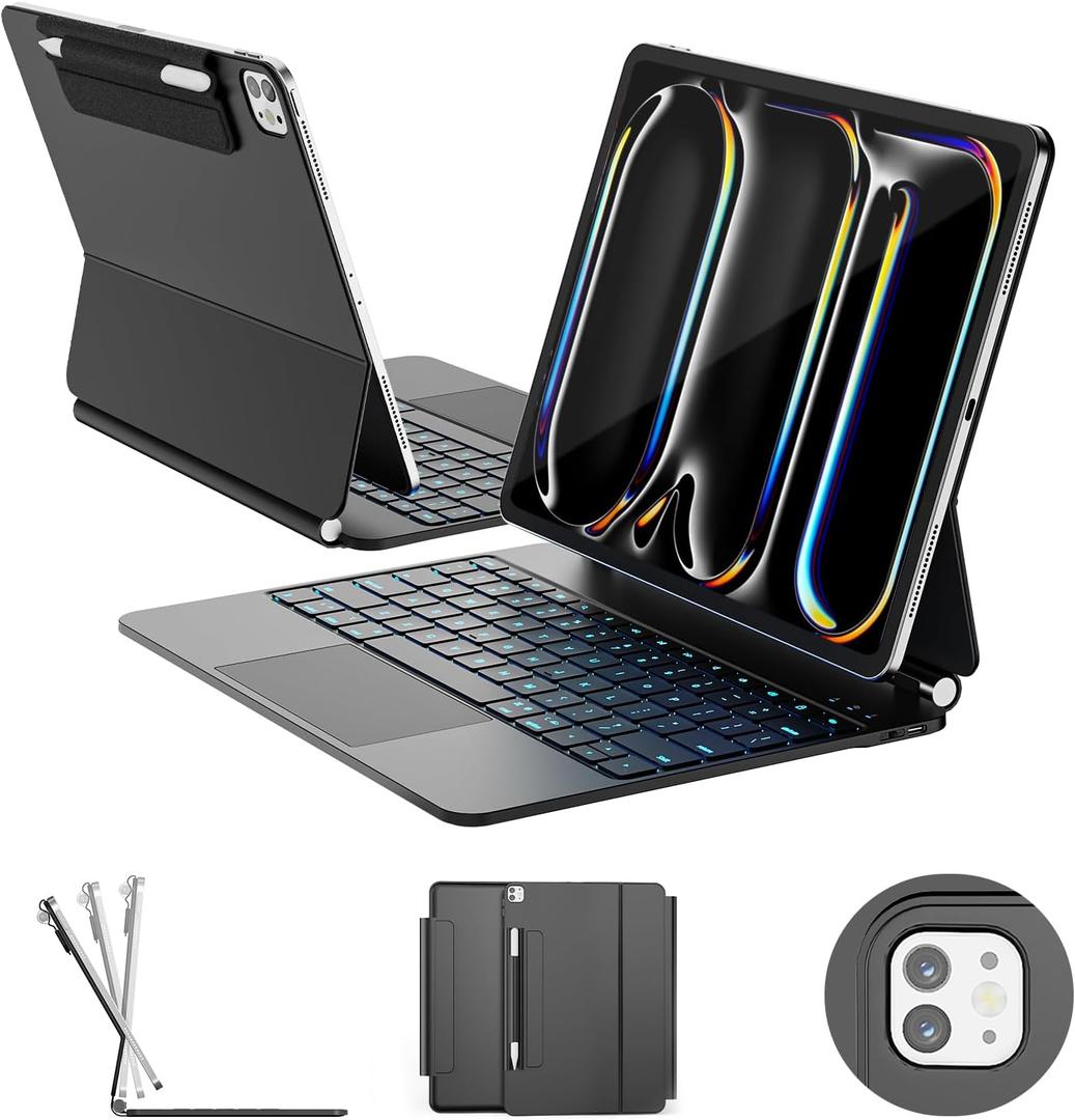 for ipad Pro 13 inch Case with Keyboard (M5 2025 / M4 2024), Magic Keyboard with Pencil Buckle, 11 Colors Backlight, Stain-Resistant Surface, Multi-Touch Trackpad, Magnetic Stand, Black