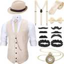 SATINIOR 1920s Mens Costume Roaring Outfit with Gangster Vest Hat Pocket Watch Suspenders for Race Meeting 2026 (Large, Beige)