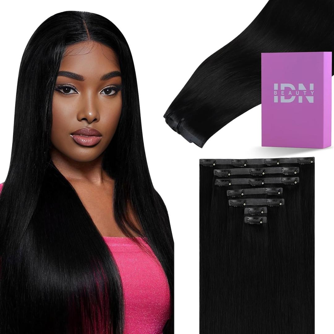 IDN BEAUTY Seamless Clip In Hair Extensions Human Hair Jet Black Real Remy Virgin Human Hair Seamless Clip Ins For Black Women PU Weft Invisible Edge Thick Soft Hair ST 110g 24 Inches