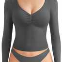 YEOREO Long Sleeve Workout Tops for Women Padded Deep V Neck Double Lined Impact Tops Agniee Slim Fit Gym Athletic Shirts (Small, Dark Grey)