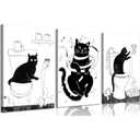 Set of 3 Funny Black Cat Bathroom Canvas Posters (23.5*15.5)