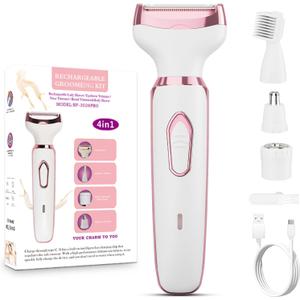 Women's Electric Razor Bikini Trimmer, 4-in-1 Cordless Shaver for Face, Legs, Underarms, Pubic Hair Wet/Dry Use, Painless Hair Removal