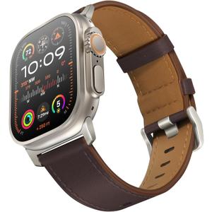 UUPWPOKT Leather Band Compatible with Apple Watch Ultra 3/2/1 Band 49mm 46mm 45mm 44mm 42mm Men, Genuine Leather Strap for iWatch Ultra Series 11 10 9 8 7 6 5 4 3 2 1 SE, Chocolate Brown/Titanium